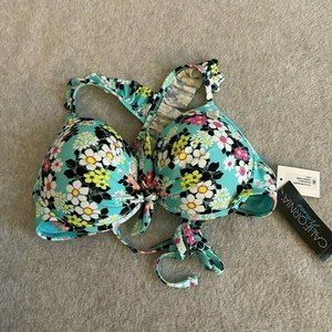 California Waves NWT Sz Large Padded Blue Floral Ruffle Strap Swim Top